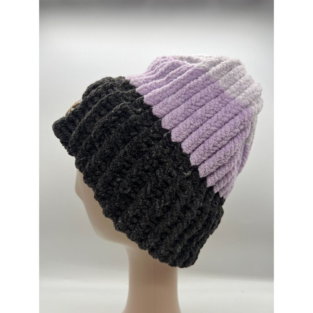 Chunky‎ Chenille Knit Bohemian Embroidered Logo Ski Cap Beanie Hat Purple Large - Picture 5 of 7